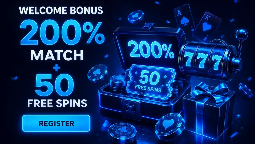 welcome bonus banner showing 200% match and free spins